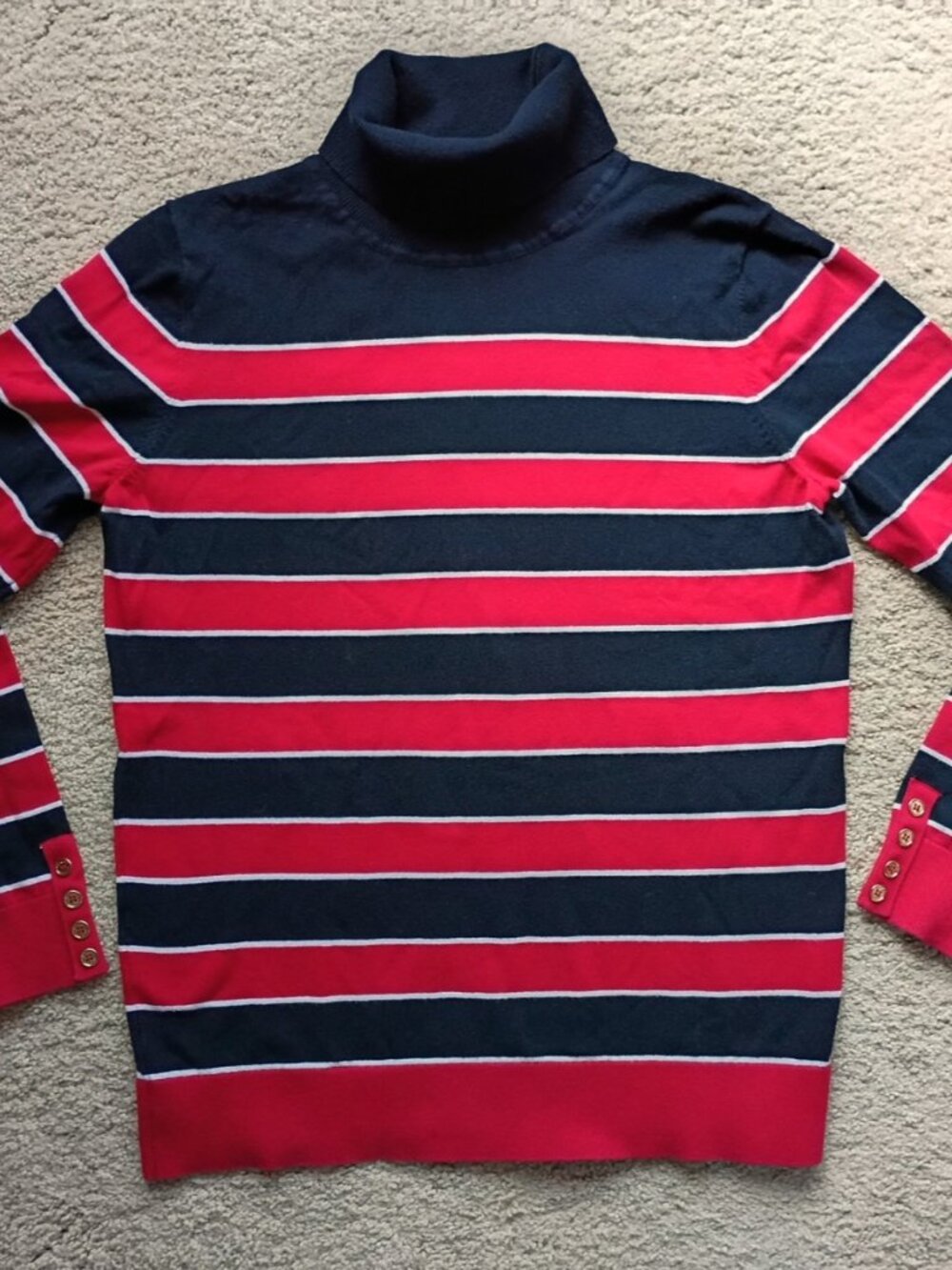Tommy Hilfiger Women's Turtleneck Sweater Red Navy Blue Striped Size Large EUC